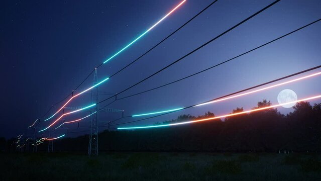 Visualization of fast moving energy travelling through power pole wires over night sky. Interconnected electrical grid network delivering electricity to households, 3d render animation