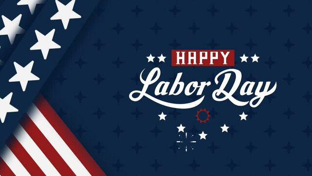 Animation of USA happy labor day, lettering text with USA flag background and fireworks splash