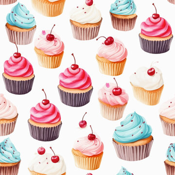 Cupcakes watercolor seamless pattern vector