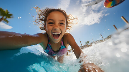 A girl sliding down a water slide into the pool - obrazy, fototapety, plakaty