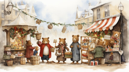 Traditional Christmas market stylization . Animals shopping at street Christmas market. Illustration, generated ai