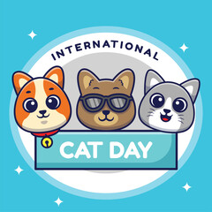 International Cat Day Vector Cartoon Illustration. Cute Cat Flat Cartoon Concept