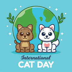 International Cat Day Vector Cartoon Illustration. Cute Cat With Earth Flat Cartoon Concept.
