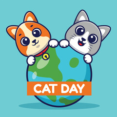 International Cat Day Vector Cartoon Illustration. Two Cute Cats Flat Cartoon Concept.