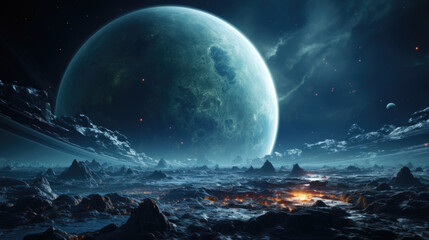 Futuristic Landscape with Glowing Planet in Dark Sky A Rocky Planet under the Shadow of a Giant Planet AI Generated