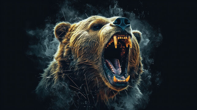 Roaring Grizzly Bear Head on Black Background A Dramatic and Dark Image of a Roaring Predator AI Generated