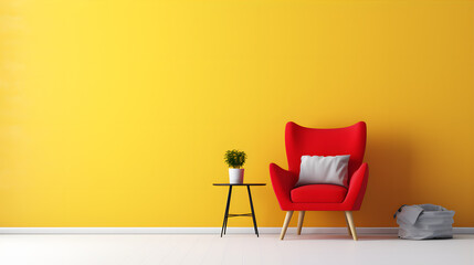 A living room with yellow and red theme
