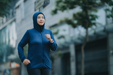 Glad smiling young asian muslim woman in hijab with fitness tracker running on building background outdoor. Fitness outside, jogging in morning, body and health care, training, concept muslim sport.