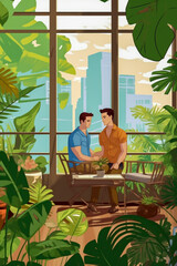 Couple of gay men inside an apartment with plants