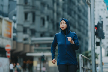 Glad smiling young asian muslim woman in hijab with fitness tracker running on building background outdoor. Fitness outside, jogging in morning, body and health care, training, concept muslim sport.