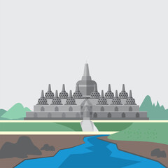 borobudur temple postcard illustration