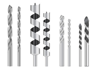 set of realistic metallic drill bits or metal work steel tools. eps vector