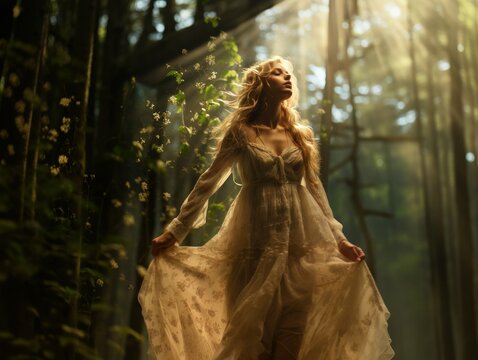 Beautiful fictional blonde lady in an elegant white dress wondering in the woods. Nymph woman illustration. Generative AI.