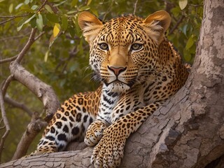Obraz premium Generative Ai, African Leopard sitting in a tree