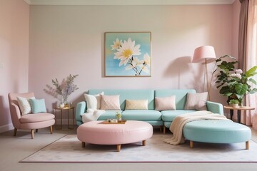 Fototapeta na wymiar Generative Ai, Pastel Style Living room modern retro design