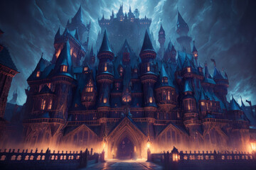 Fototapeta premium Horror Scary Mansion Castle at Night Stormy Cloudy Sky Wallpaper Background