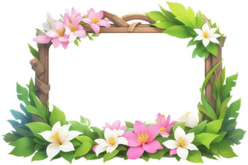 Pink White Flower Green Leaves Wood Frame Transparent Background Mock up 