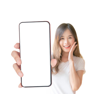beautiful Asian young woman showing big smart phone with blank screen , white screen empty copy space for advertising banner isolated on a transparent png background , Mock Up Image