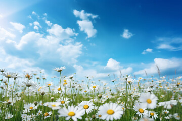 A beautiful, sun-drenched spring summer meadow. Natural colorful panoramic landscape with many wild flowers of daisies against blue sky. A frame with soft selective focus