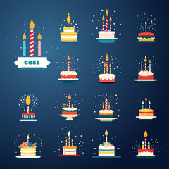 Set of colorful birthday cakes with candles. Collection of various cake icons. Party, celebration, anniversary themed design elements. Vector illustration