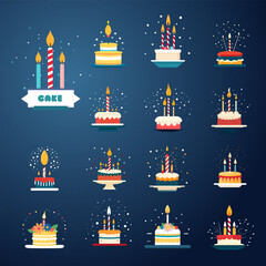 Naklejka premium Set of colorful birthday cakes with candles. Collection of various cake icons. Party, celebration, anniversary themed design elements. Vector illustration