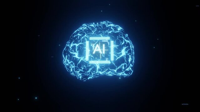 AI system ingesting large amounts of machine learning labeled training data, analyzing for correlations and patterns to make predictions. Artificial intelligence brain 3d rendering animation