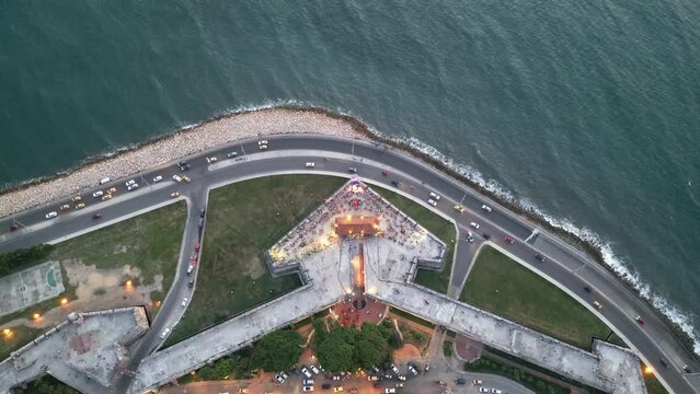 Baluarte de Santo Domingo, Cartagena, Colombia. Top Down Aerial View of Old Bastion and Coastal Traffic, High Angle Drone Shot