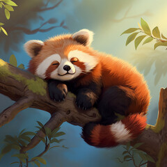 A cute red panda napping on a tree branch~^^
