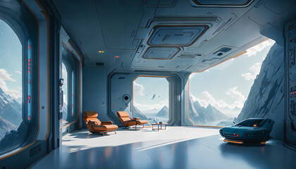 Space Base Odyssey, Futuristic Interior. Generative AI.