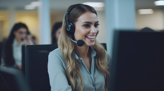 Friendly female officer smiling happily in headset working on computer in call center.