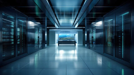 A Great view of the Mainframe in a Large Server Room Data Center row with Network server Racks Connected in a data center server. Generated AI