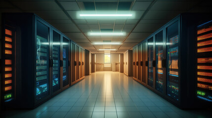 A Great view of the Mainframe in a Large Server Room Data Center row with Network server Racks Connected in a data center server. Generated AI