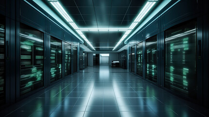 A Great view of the Mainframe in a Large Server Room Data Center row with Network server Racks Connected in a data center server. Generated AI