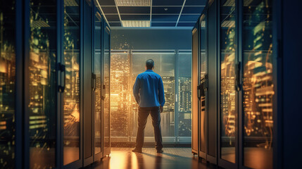 A Great view of Mainframe in Data Center Row, Large Server Room with Network server Racks, Connections in data center servers and data Computer Engineers. Generated AI