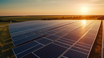 A Beautiful Sunset, Solar Panels in aerial view, solar Farm and Power Generation Equipment.