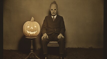 Mysterious Pumpkin Enigma: Vintage Photograph Reveals a Man with a Pumpkin Head, Unearthing Curiosities of the Past
