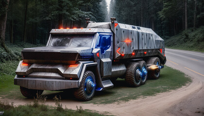 Futuristic Truck in new style, strong Armor. Generative AI.