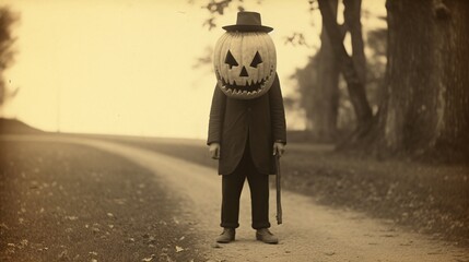 Mysterious Pumpkin Enigma: Vintage Photograph Reveals a Man with a Pumpkin Head, Unearthing Curiosities of the Past - obrazy, fototapety, plakaty