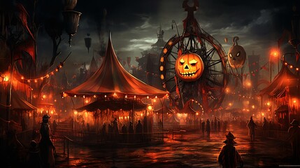 Ghostly Figures Haunting the Mysterious Halloween Carnival: Eerie Laughter and Ominous Cloudy Moonlight