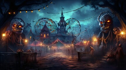 Ghostly Figures Haunting the Mysterious Halloween Carnival: Eerie Laughter and Ominous Cloudy Moonlight