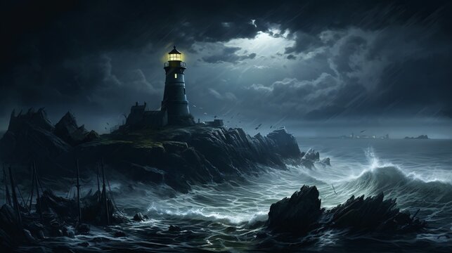 Haunting Lighthouse: Halloween Night on a Desolate Rocky Coast. Eerie Charm Amidst the Dark Abyss