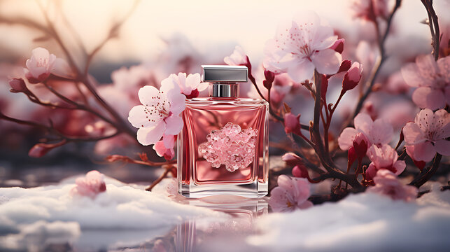 elegant perfume bottle on snow background with snowflakes and flowers