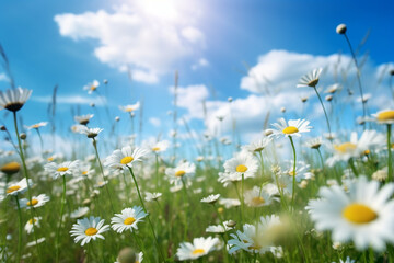 A beautiful, sun-drenched spring summer meadow. Natural colorful panoramic landscape with many wild flowers of daisies against blue sky. A frame with soft selective focus