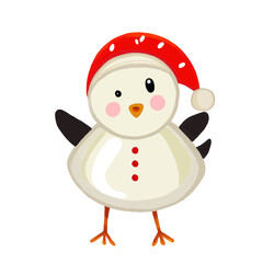 Watercolor and drawing for cute chicken smile snow doll with merry red hat. Digital painting of icon illustration. Christmas and new year element decoration on holiday.