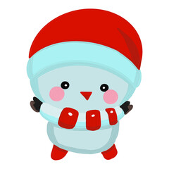 Watercolor and drawing for cute cartoon smile snow doll with merry red hat. Digital painting of icon illustration. Christmas and new year element decoration on holiday.