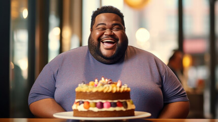 Fat happy african american man 30 years old with a cake on cafe.