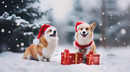 Two corgi puppies  in Santa Claus hat and  scarfs sitting in showground beside gift boxes and Christmas ornaments. Christmas postcard. Snowflakes in the air. Generated ai.