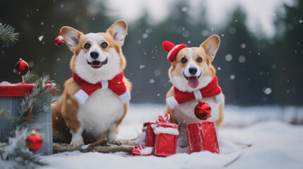 Two corgi puppies  in winter hat and  scarfs sitting in showground beside gift boxes. Christmas postcard. Snowflakes in the air. Generated ai.