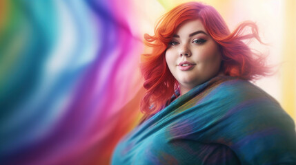 Fototapeta premium Beautiful fat young blonde woman blur soft colorful background photo. AI generation