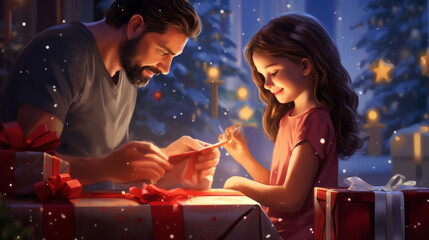 Fototapeta na wymiar Dead and daughter opening Christmas gift boxes. illustration. Generated ai